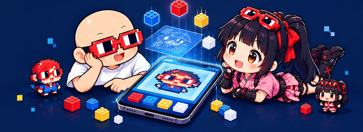 なおなおとチビ咲耶が、スマホでブロックのドット絵を組み立てている絵